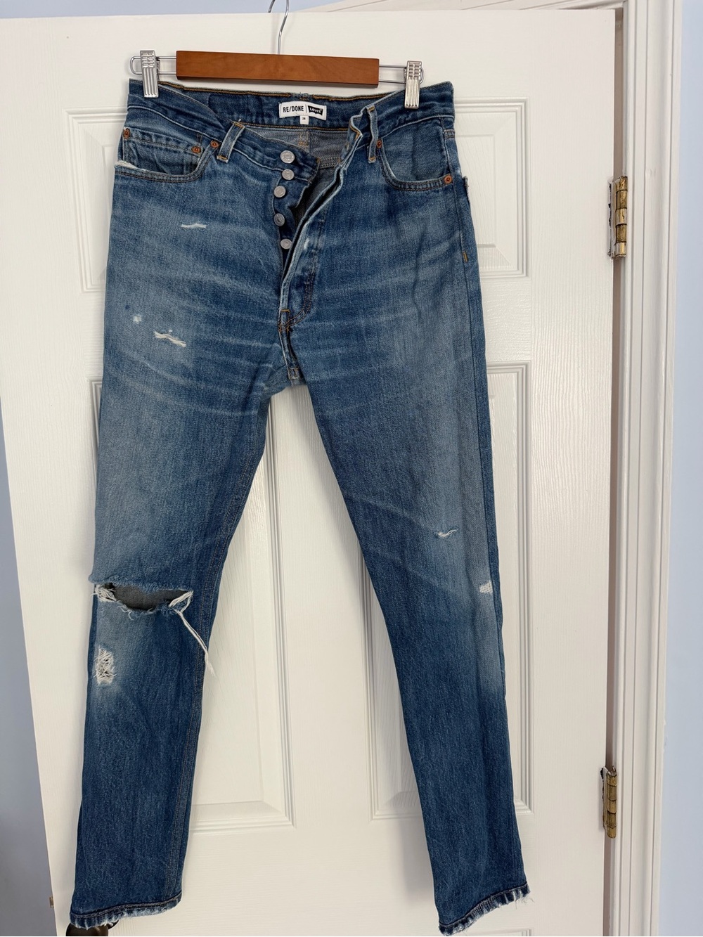 Re/Done Slim Straight Jeans in Medium Blue Wash with Distressing